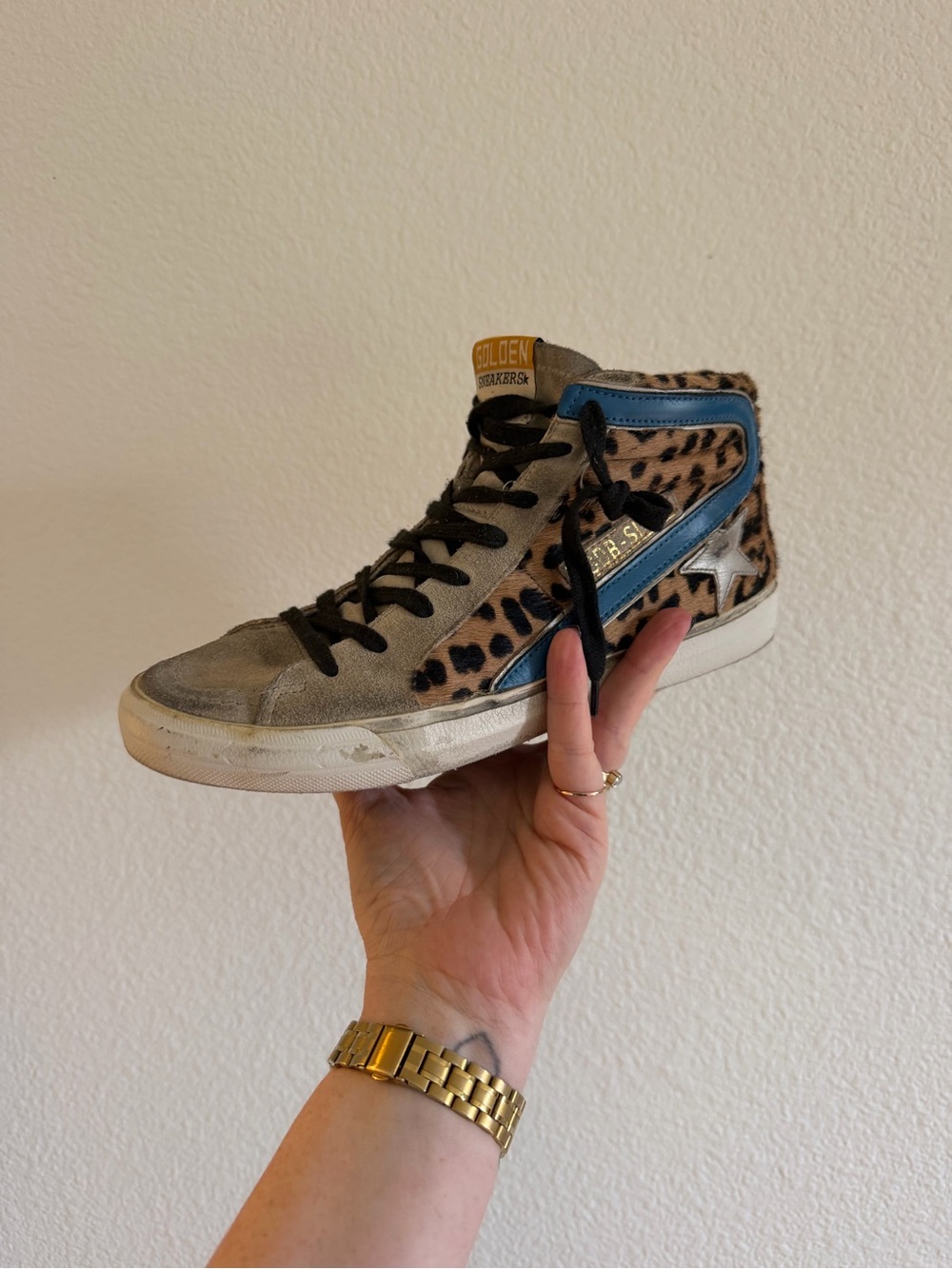 Golden Goose Leopard-Print High-Top Sneaker with Blue Trim